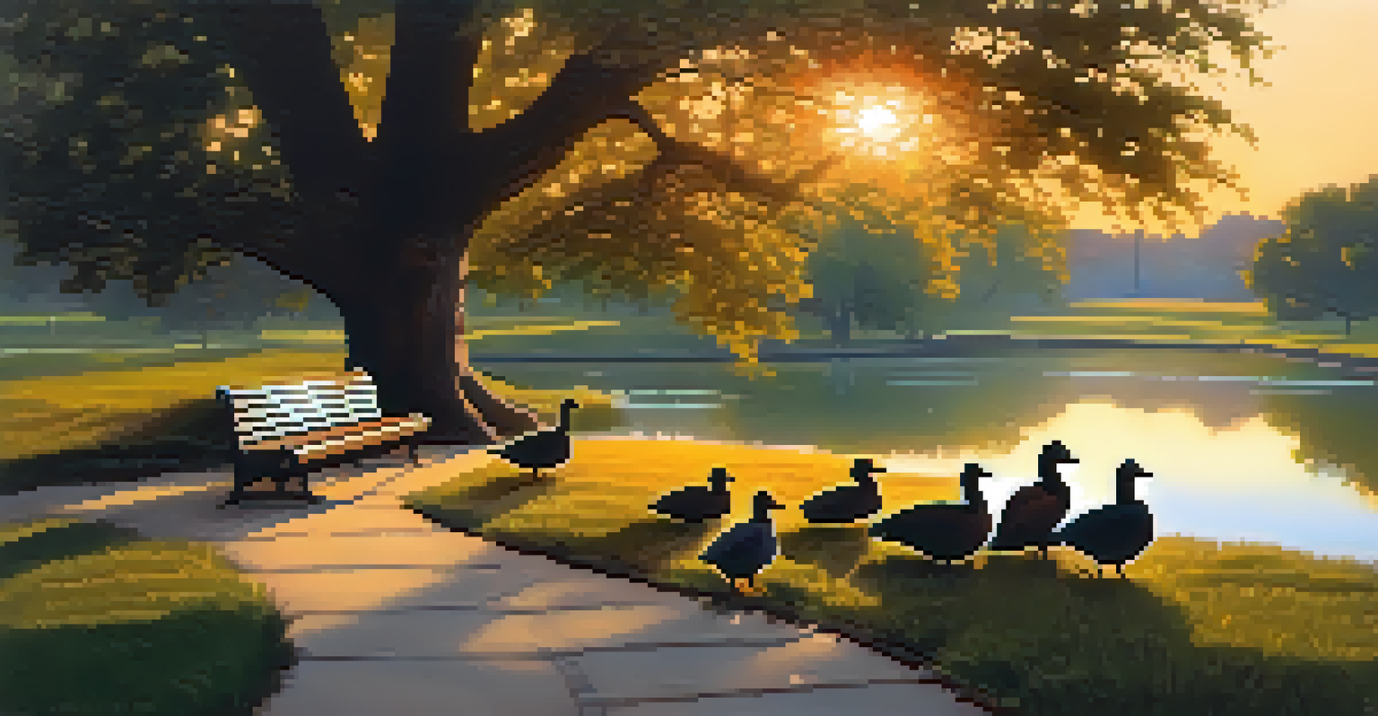 A peaceful Buffalo park at sunset, featuring a park bench under an oak tree, a pond reflecting the sunset colors, and ducks swimming.
