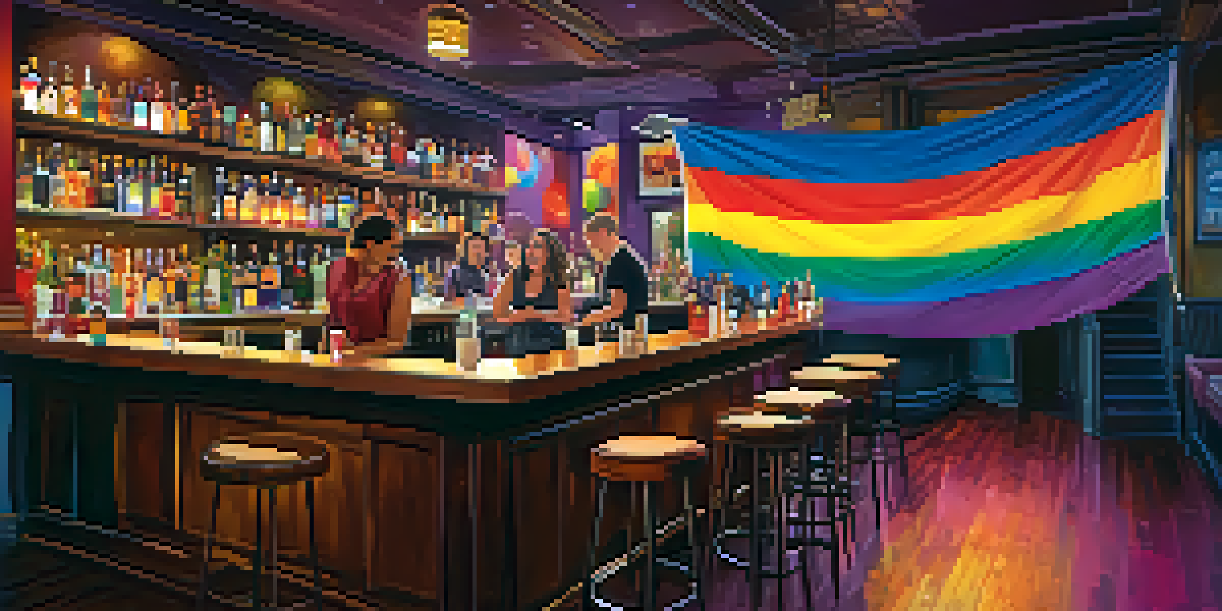 A lively scene inside an LGBTQ+ bar with diverse patrons, colorful decorations, and warm lighting.
