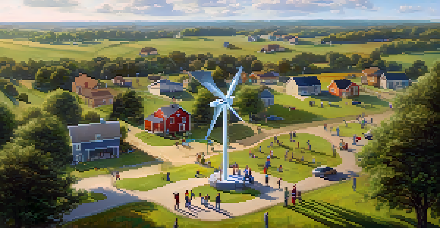 Aerial view of a community gathering around a small wind turbine, with children playing and adults discussing.
