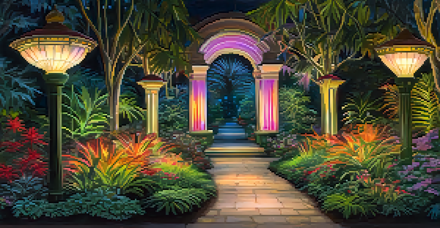 A stunning garden scene with illuminated paths and vibrant plants, creating a magical atmosphere at the Botanical Gardens during a light display.
