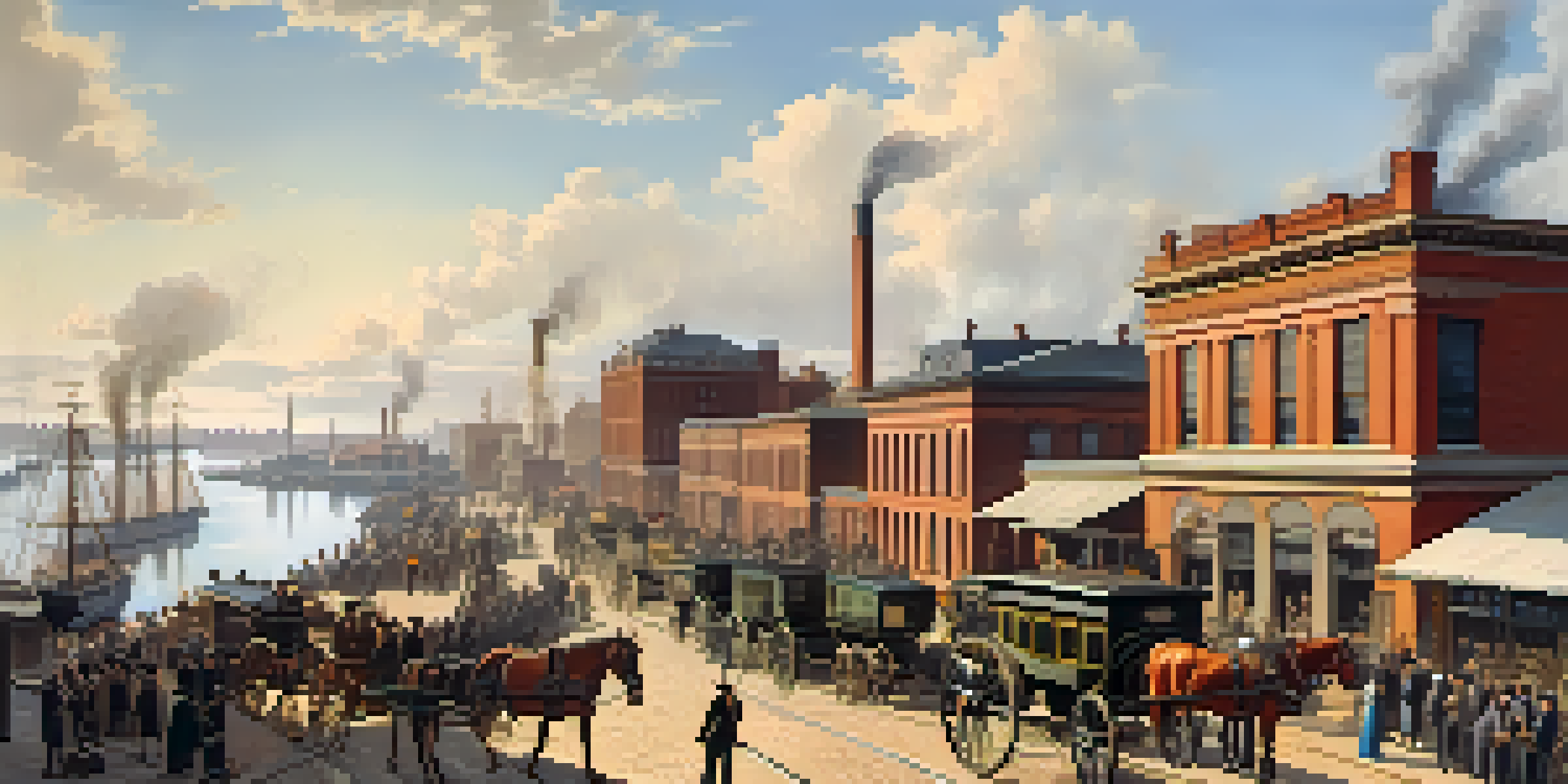 A historical depiction of Buffalo in the mid-1800s with factories, horse-drawn carriages, and a diverse crowd of workers under a sunny sky.
