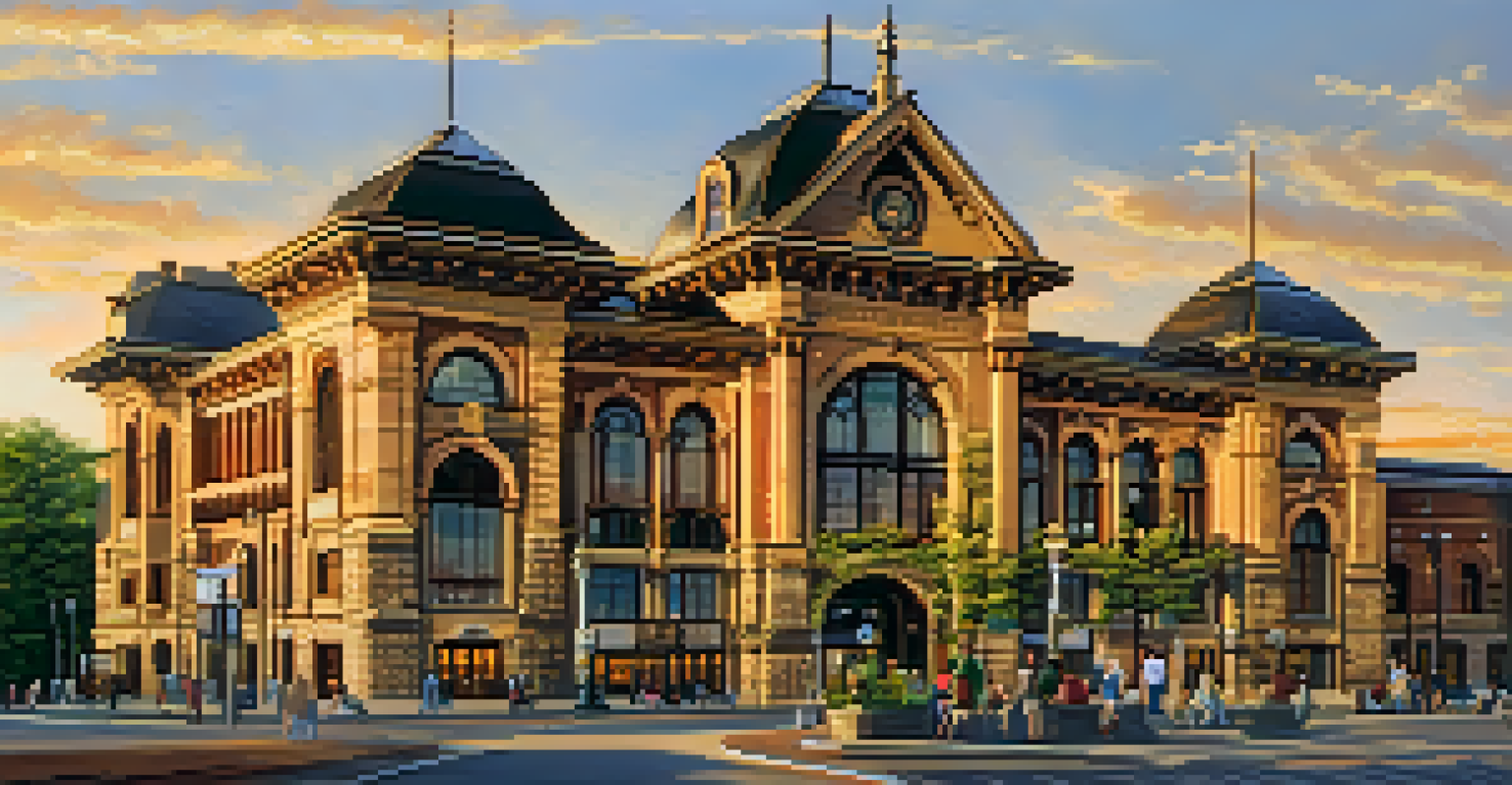 An exterior view of a historic railway station in Buffalo during sunset, highlighting the intricate stonework and passengers waiting outside.