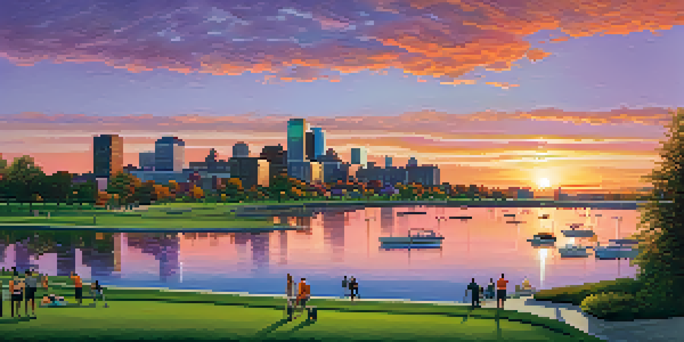 A sunset view of Buffalo's skyline with modern buildings and lush parks, highlighting community activities.