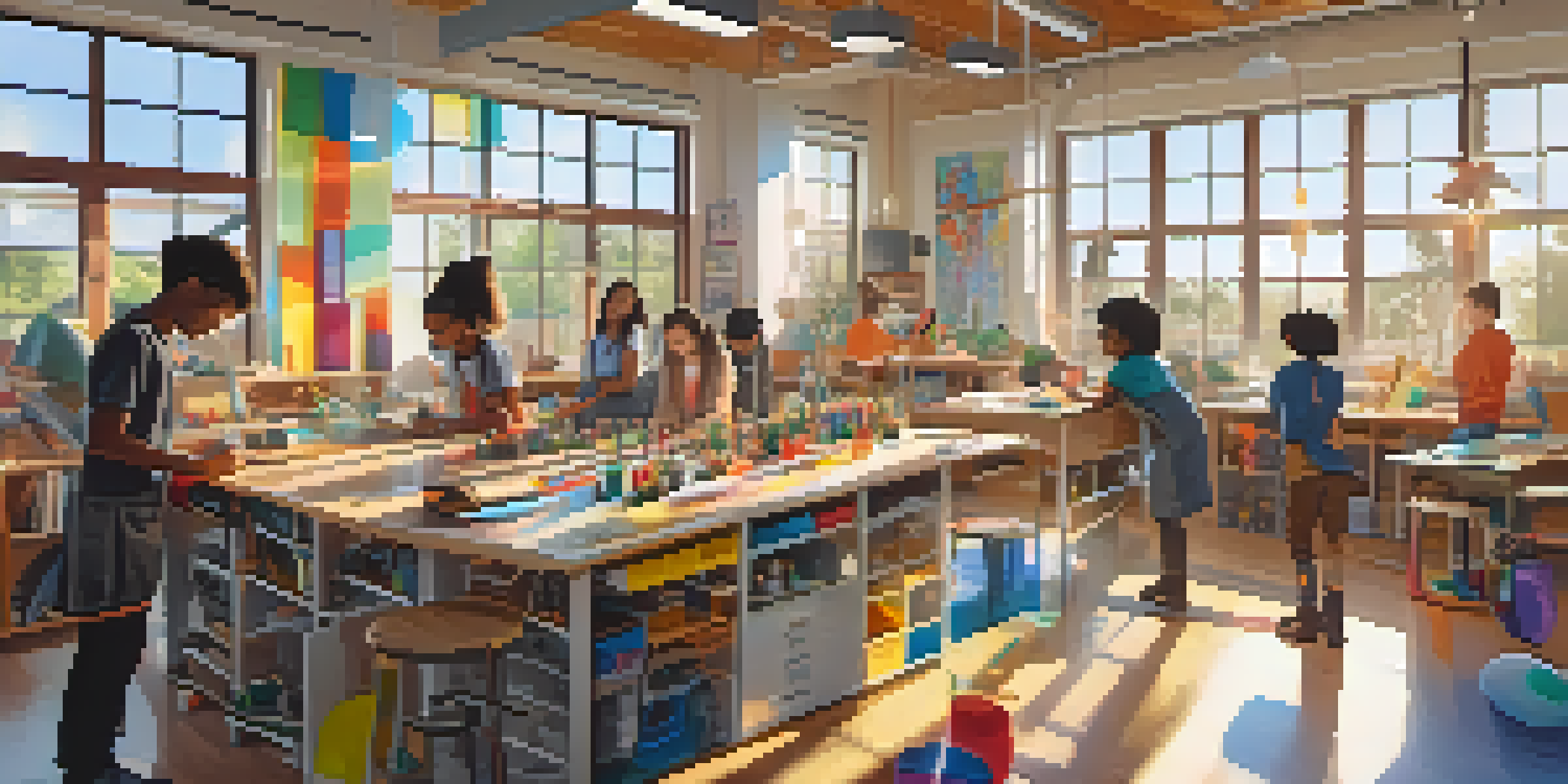 A lively classroom filled with diverse students collaborating on a hands-on STEAM project, creating a sculpture with engineering materials and surrounded by art supplies.