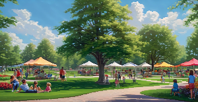 A sunny Buffalo park with families picnicking, children playing, and a couple walking along a path, surrounded by greenery and colorful flowers.