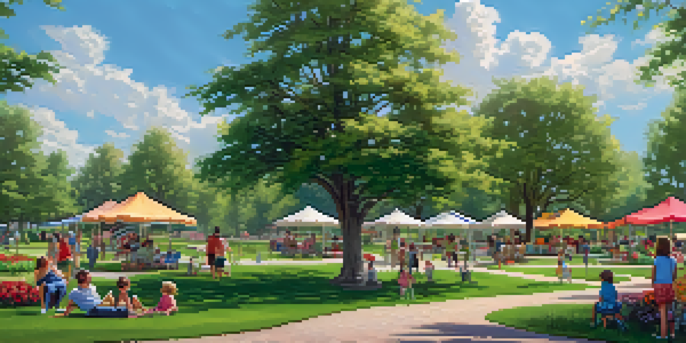 A sunny Buffalo park with families picnicking, children playing, and a couple walking along a path, surrounded by greenery and colorful flowers.