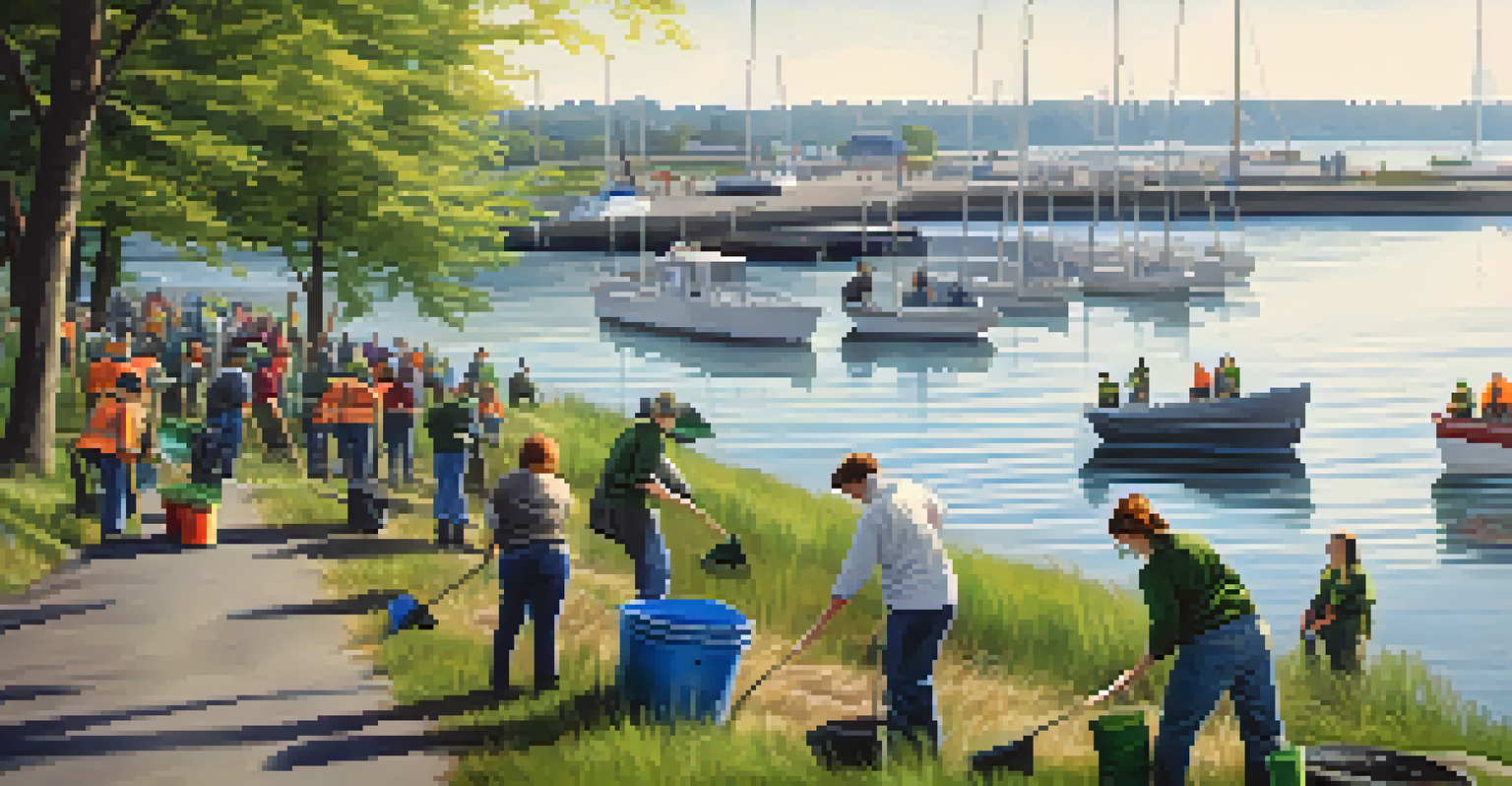 Volunteers participating in a clean-up event by the Great Lakes, with water and trees in the background.