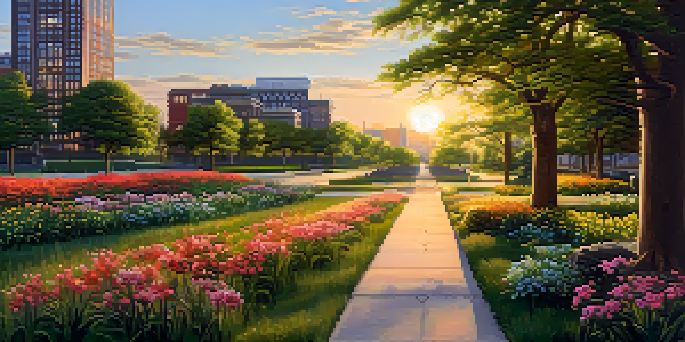 A peaceful urban park in Buffalo with deer grazing near a walking path under the warm glow of the setting sun, blending natural and urban elements.
