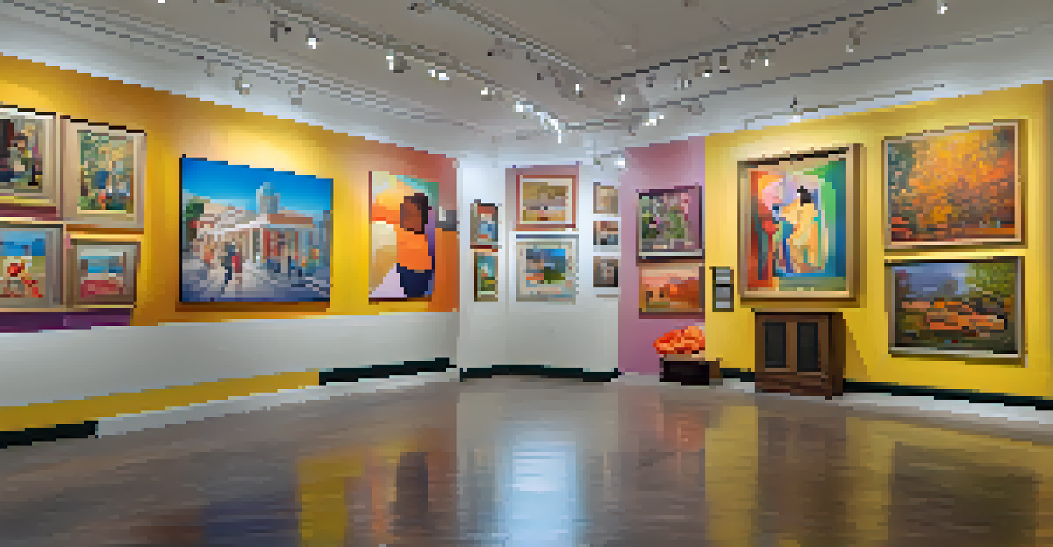An art gallery in Buffalo showcasing an exhibit of works by women artists, with colorful artworks displayed and visitors admiring them.