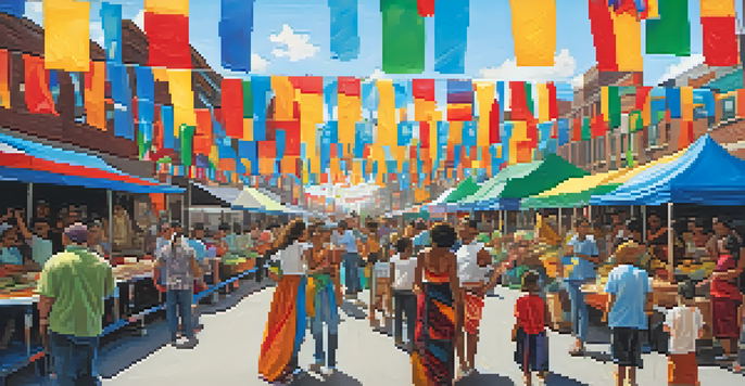 A lively street festival in Buffalo celebrating diverse immigrant cultures with food stalls, performances, and colorful decorations.