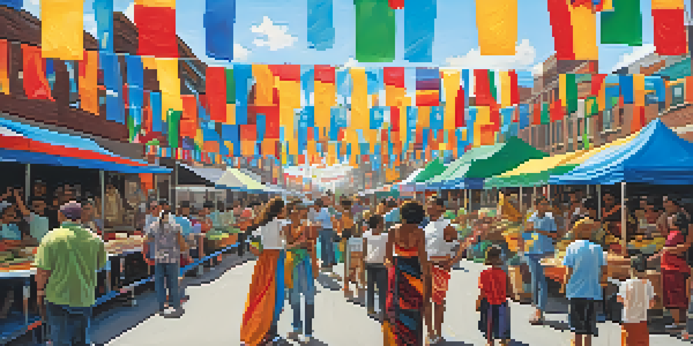 A lively street festival in Buffalo celebrating diverse immigrant cultures with food stalls, performances, and colorful decorations.