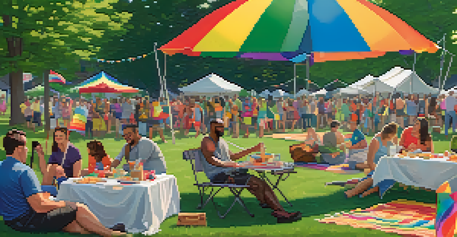 A peaceful picnic gathering in a park during Buffalo Pride Month, with families and friends enjoying food and colorful decorations.