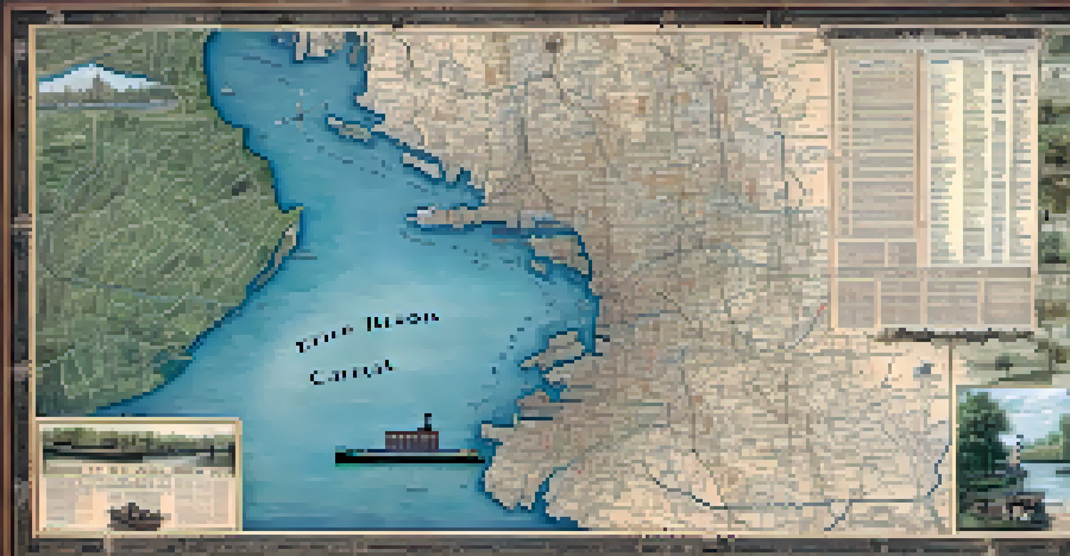 An intricate vintage map of the Erie Canal, showcasing its route and important towns, set on a textured aged parchment background.