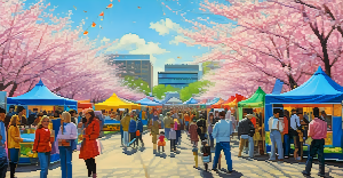 A lively outdoor spring festival in Buffalo with colorful tents, blooming cherry blossom trees, and diverse attendees enjoying food and art.