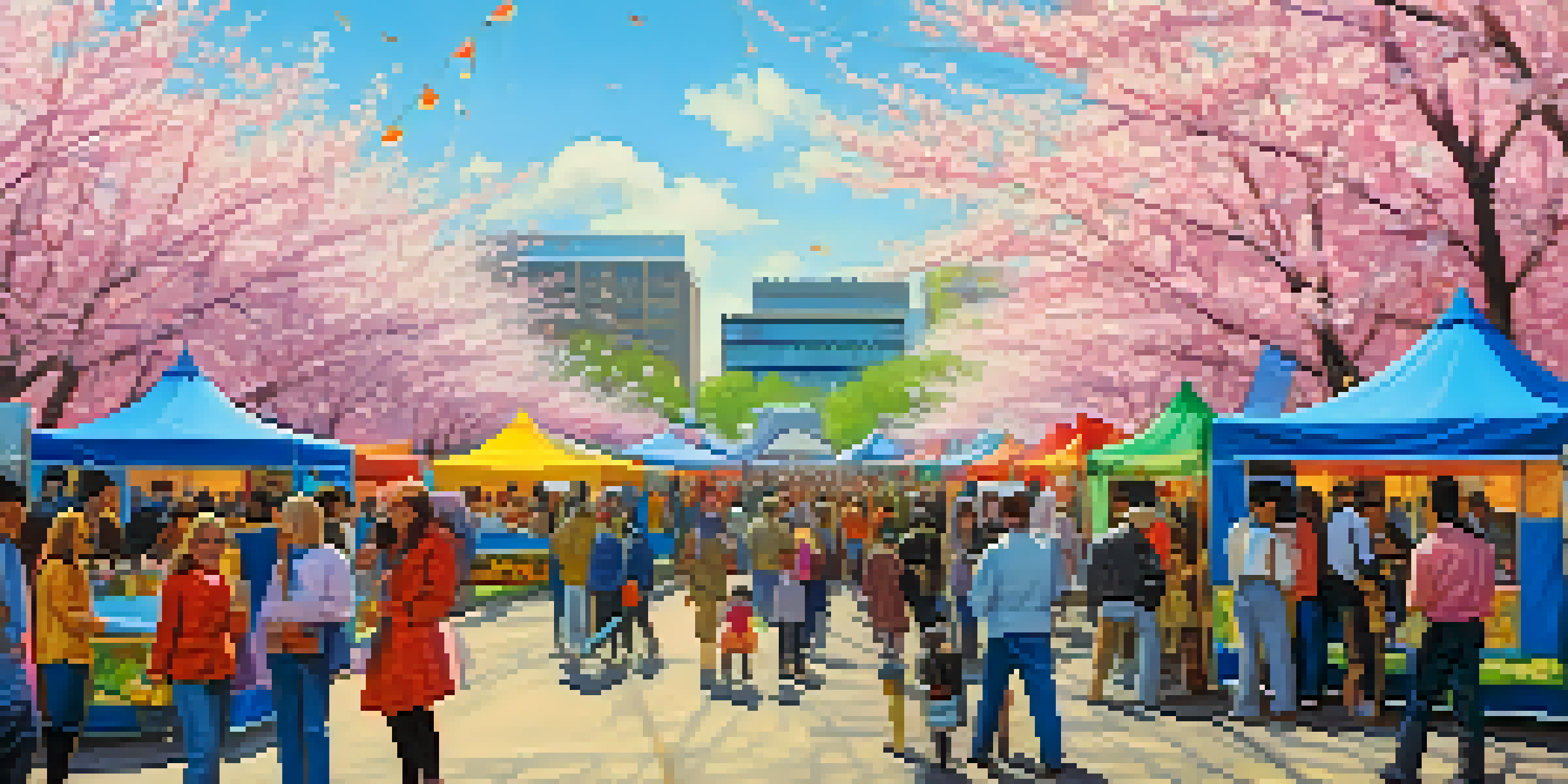 A lively outdoor spring festival in Buffalo with colorful tents, blooming cherry blossom trees, and diverse attendees enjoying food and art.
