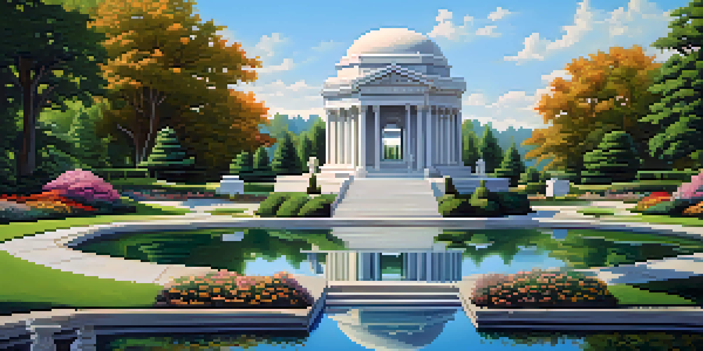 A peaceful cemetery landscape with winding paths, green trees, colorful flowers, and a detailed marble mausoleum beside a calm pond.