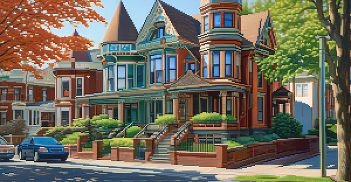 A scenic view of a Victorian neighborhood with ornate houses, green trees, and warm sunlight.