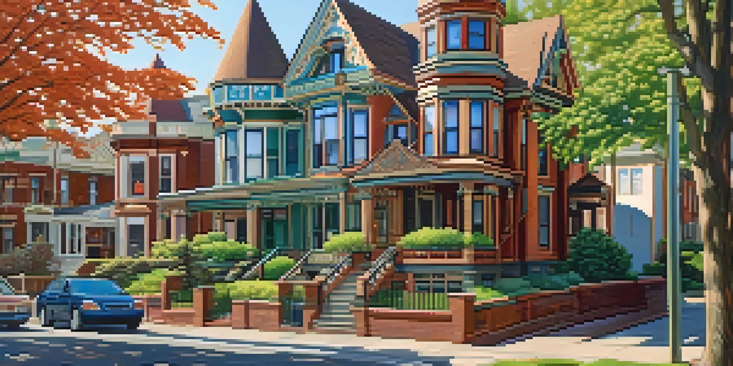 A scenic view of a Victorian neighborhood with ornate houses, green trees, and warm sunlight.