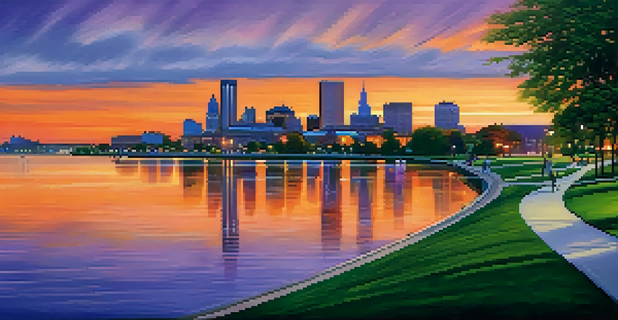 Panoramic view of Buffalo skyline at sunset with historic and modern buildings, lush parks, and calm waters of Lake Erie.