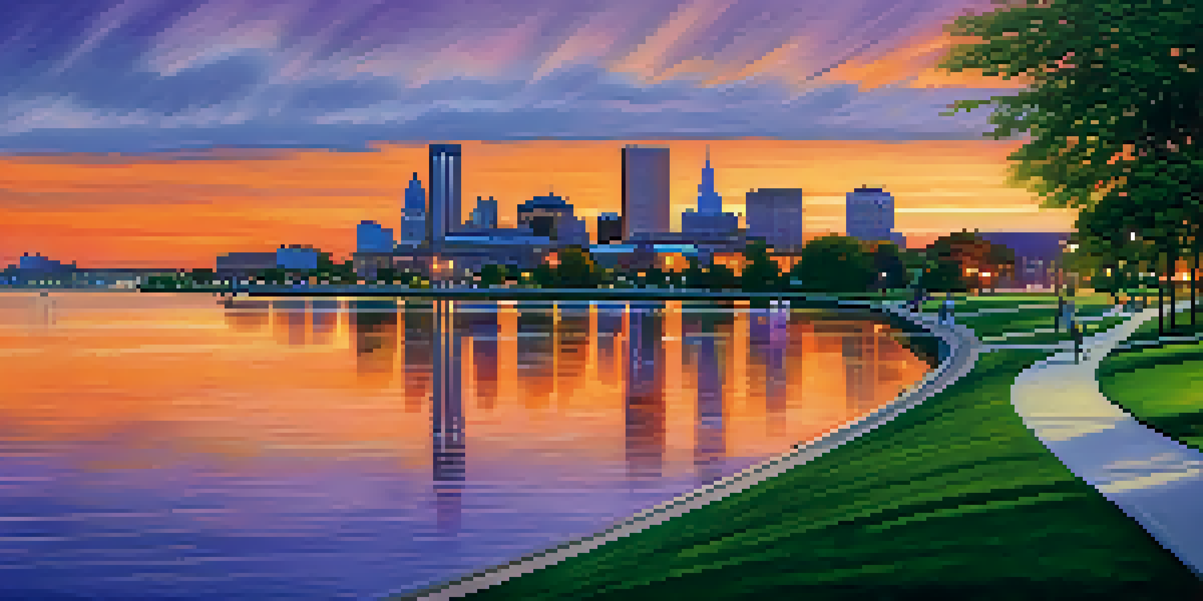 Panoramic view of Buffalo skyline at sunset with historic and modern buildings, lush parks, and calm waters of Lake Erie.