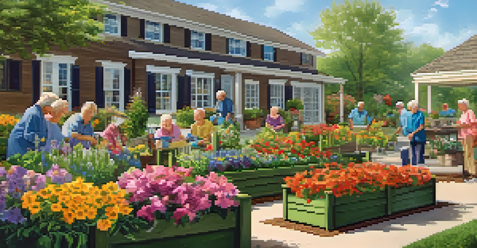 Seniors participating in a gardening club in a vibrant outdoor garden space at an assisted living facility.