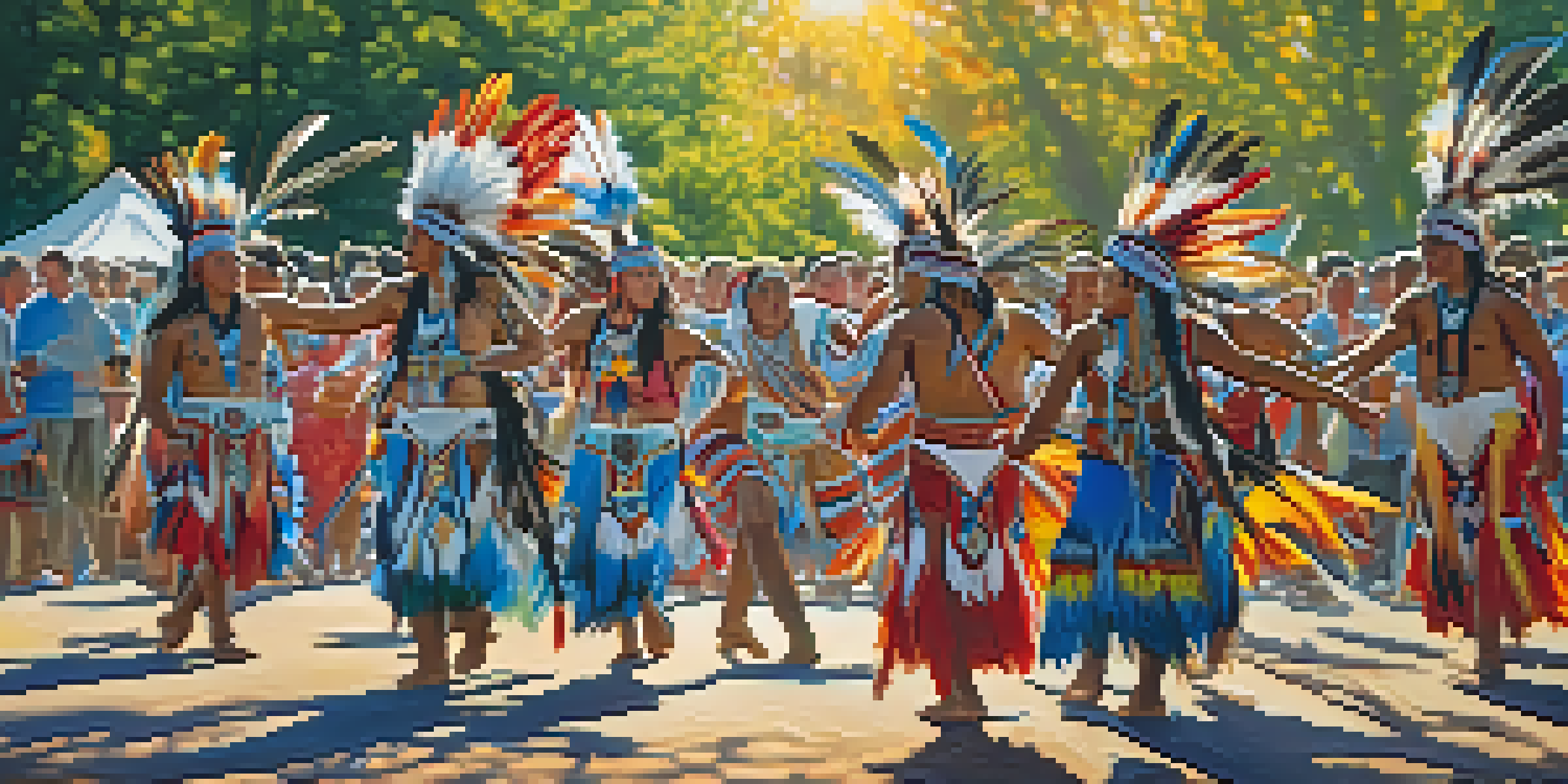 A traditional powwow dance in Buffalo with dancers in colorful regalia and an enthusiastic audience in the background.