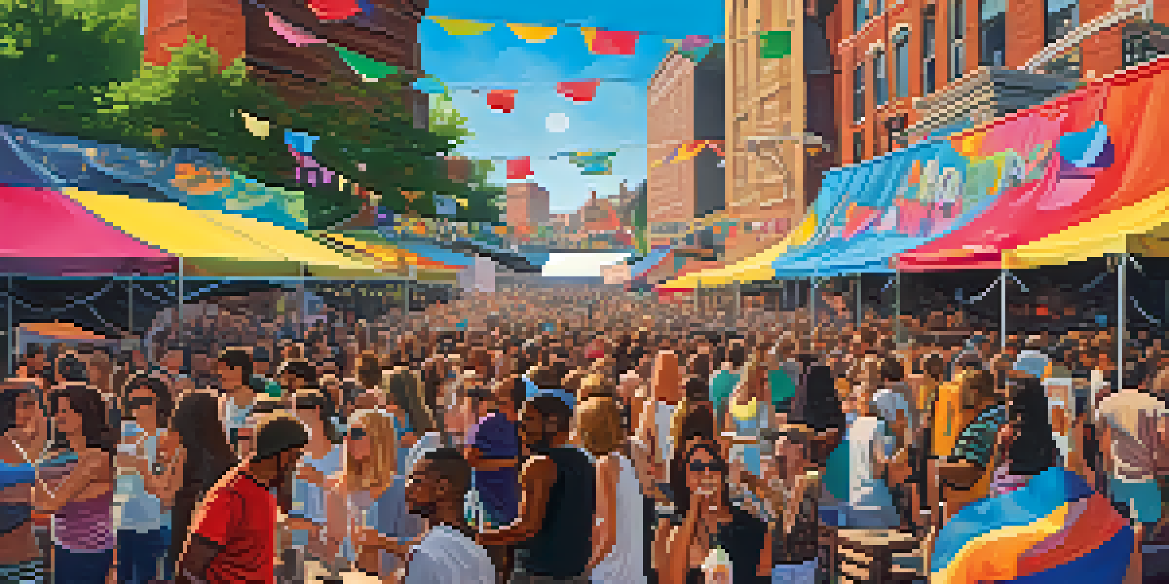 A lively outdoor music festival in Buffalo with a diverse audience enjoying performances, colorful decorations, and food trucks.