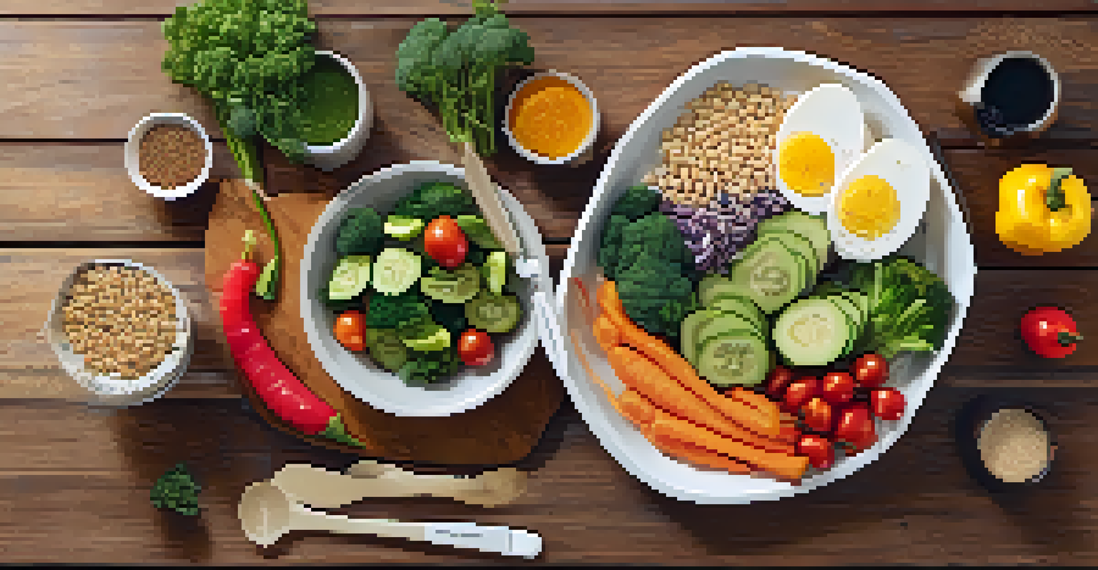 A close-up of a healthy meal with colorful vegetables and whole grains, accompanied by a measuring tape and fitness tracker.