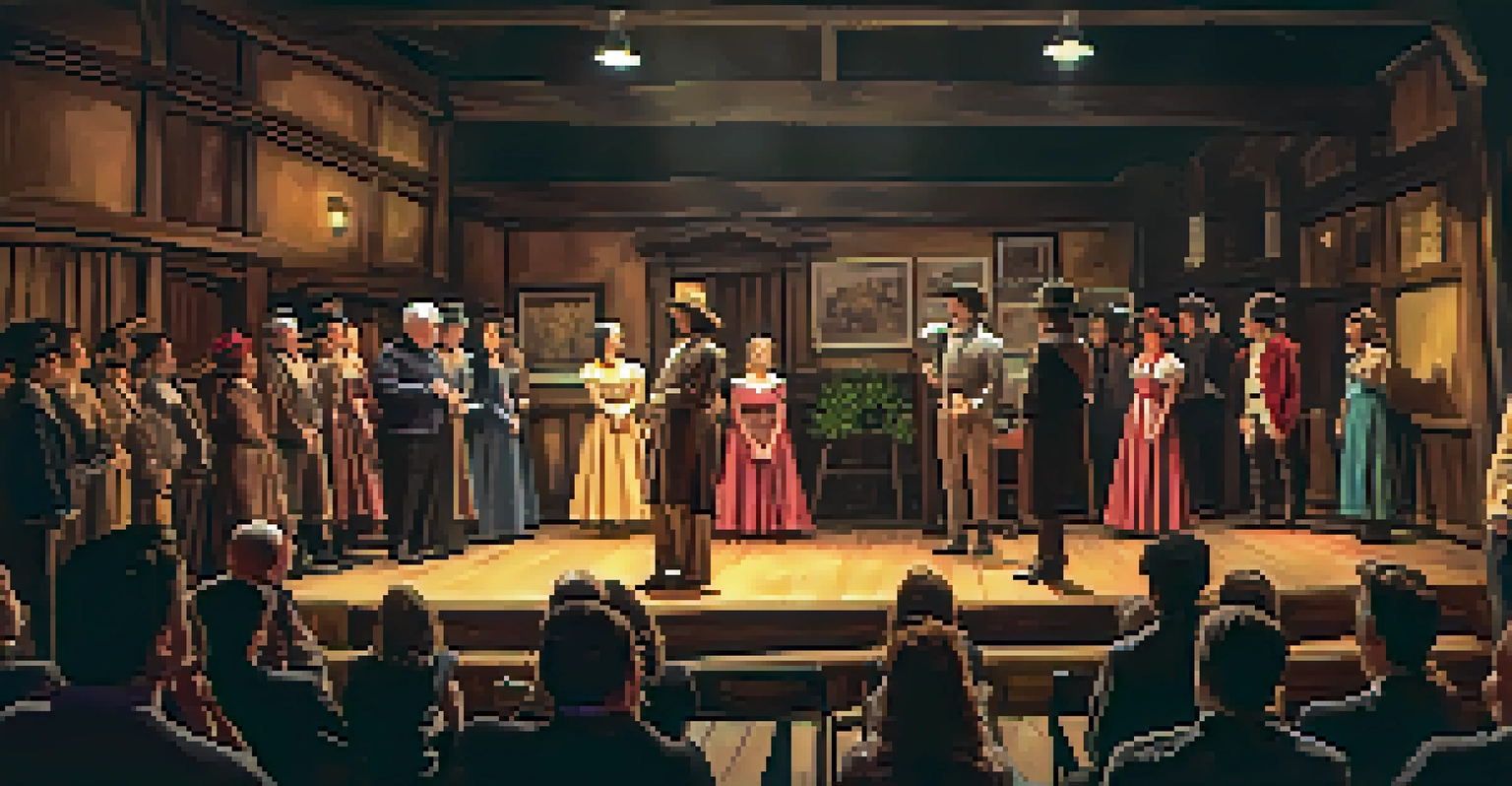 A cozy theater stage with actors in period costumes performing, surrounded by an engaged audience in a warm and inviting atmosphere.