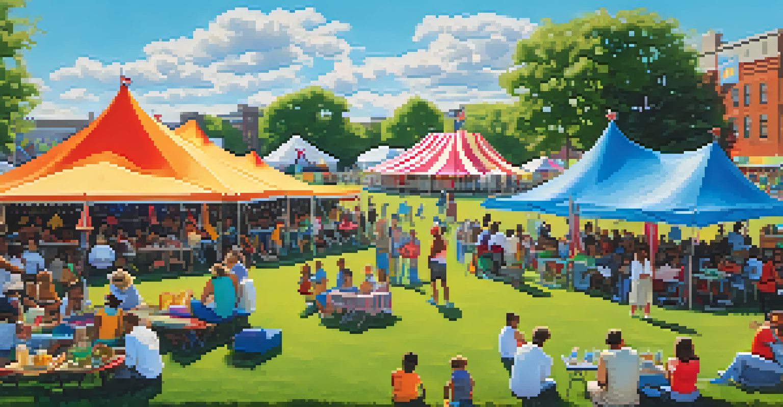 A lively community event in a park with tents, families, and musicians performing.