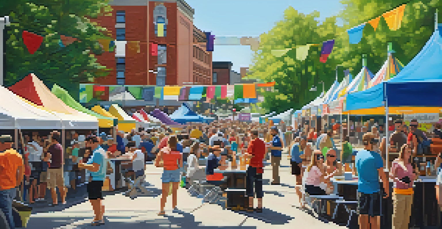 An outdoor craft beer festival with booths from local breweries, people enjoying drinks, and a sunny atmosphere.