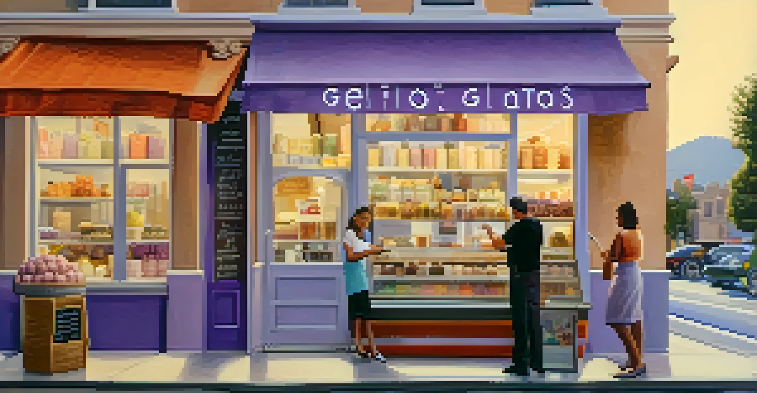 A gelato shop with colorful flavors in containers, and a staff member serving lavender honey gelato to a customer.