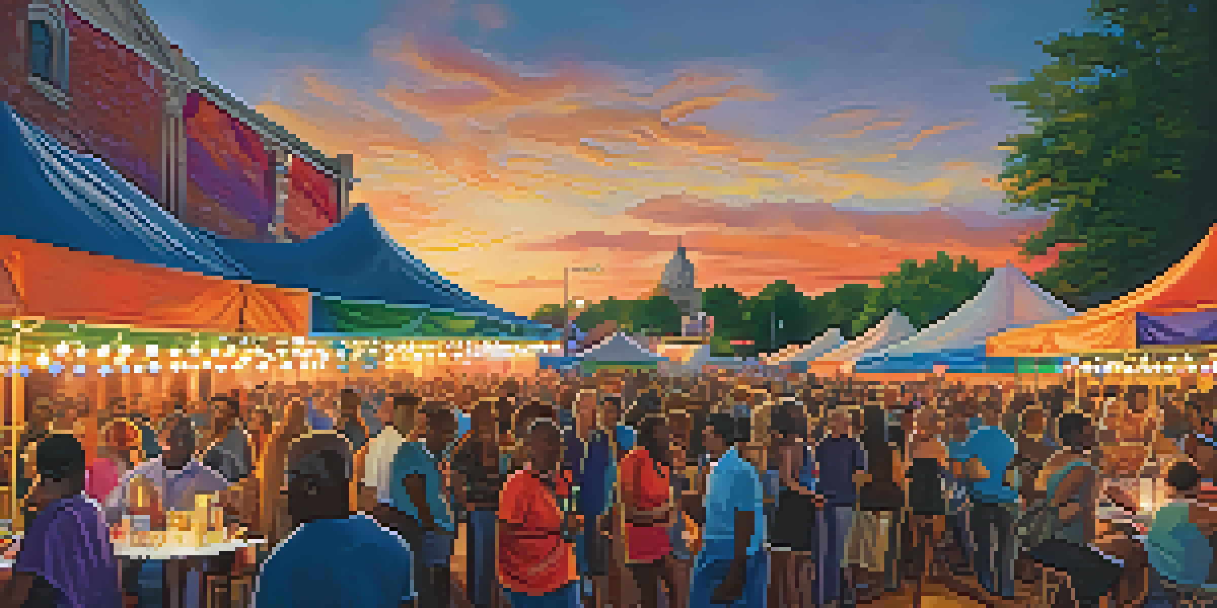 A lively outdoor jazz festival in Buffalo with musicians on stage, colorful lights, a diverse audience enjoying the performance, and a warm sunset in the background.