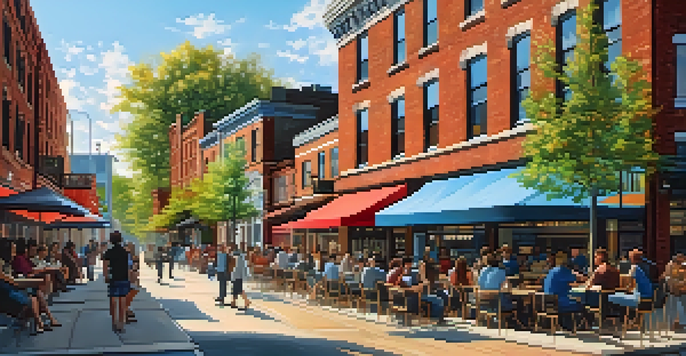 A lively urban street in Buffalo with entrepreneurs outside a café, surrounded by colorful murals and banners, mixing historic and modern architecture.