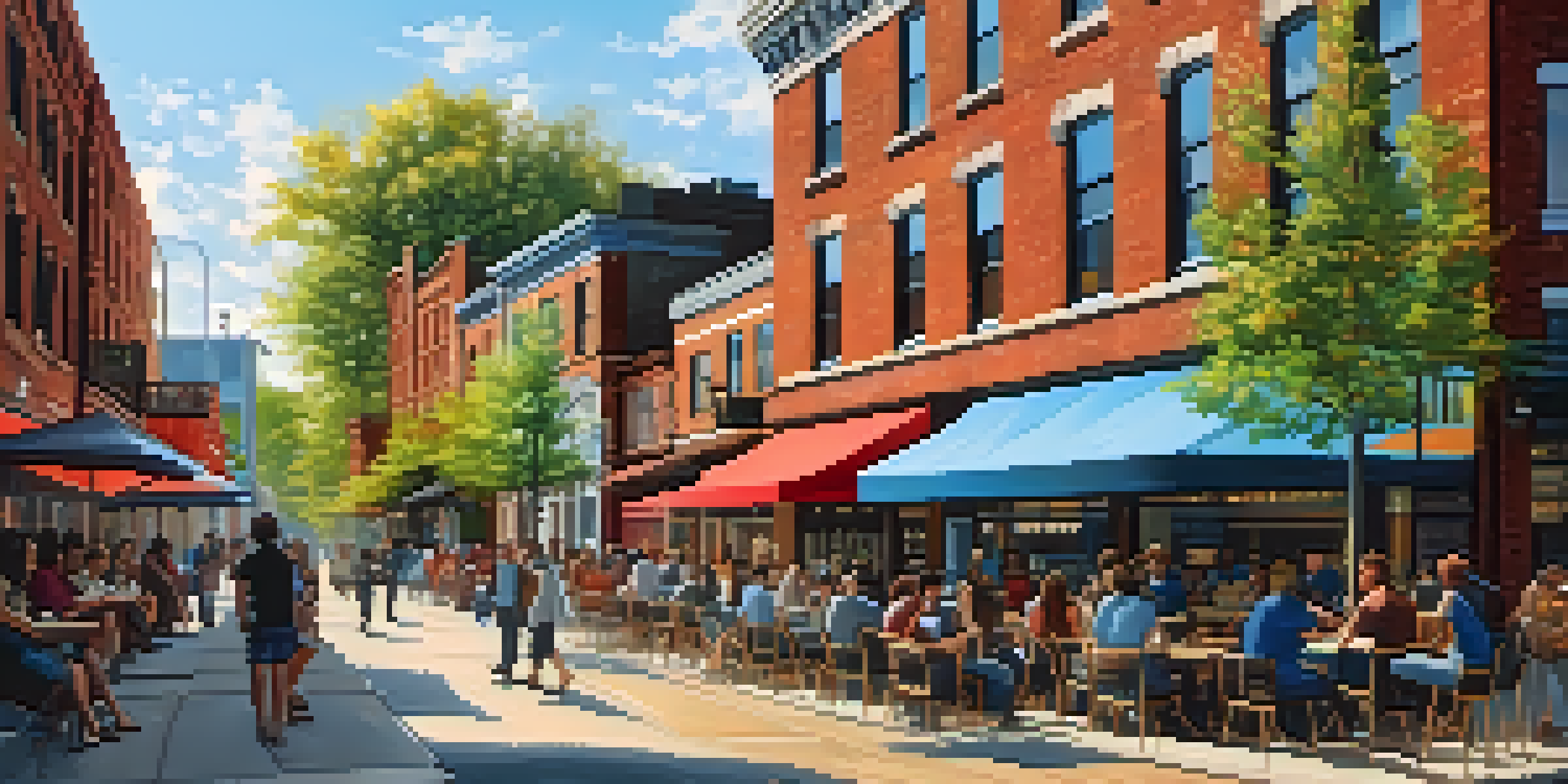 A lively urban street in Buffalo with entrepreneurs outside a café, surrounded by colorful murals and banners, mixing historic and modern architecture.