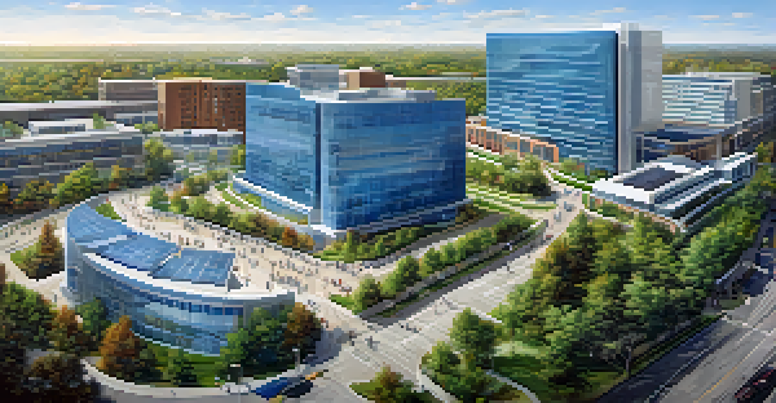 A panoramic view of the Buffalo Niagara Medical Campus with modern buildings, pathways, and greenery, representing innovation in healthcare.