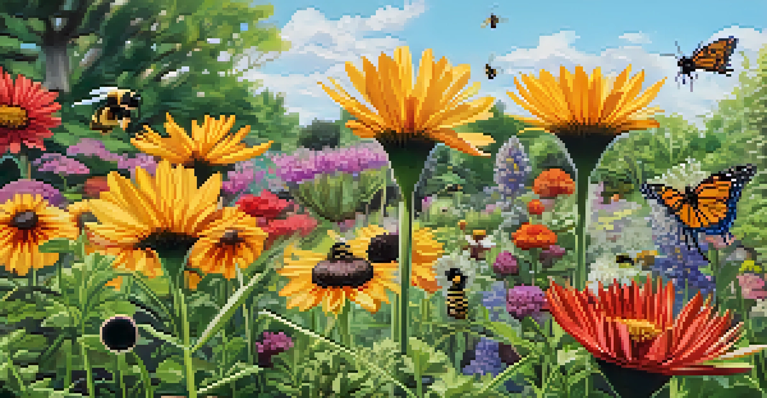 Close-up of a diverse garden in a community park in Buffalo with native plants and colorful flowers, with bees and butterflies.