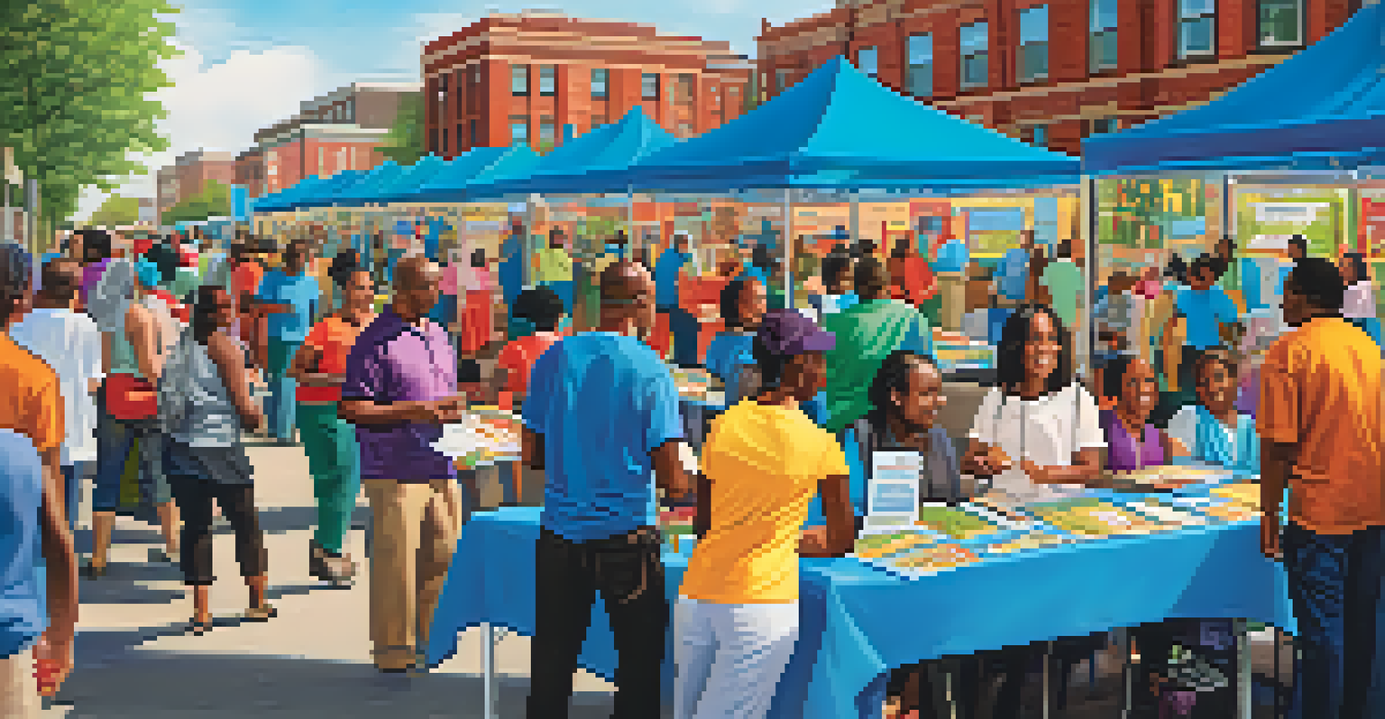 A vibrant community health fair in Buffalo with diverse participants engaging in health education activities and colorful booths.