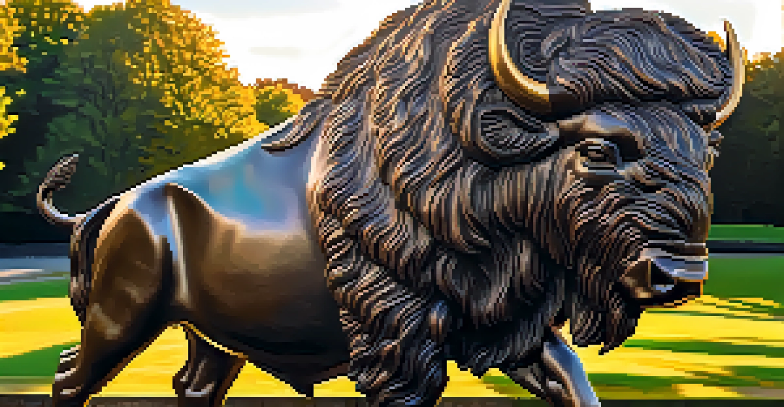 A detailed view of the Bison Sculpture in Delaware Park, illuminated by warm sunset light, showcasing the textures of the bison and the surrounding nature.