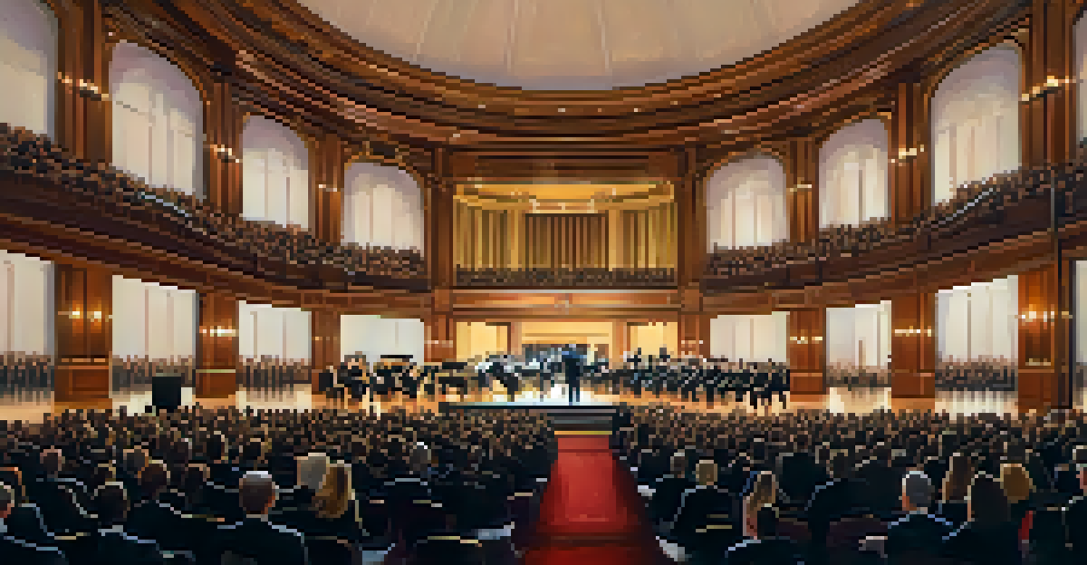 The Buffalo Philharmonic Orchestra performing on stage at Kleinhans Music Hall, with musicians in formal attire and an elegant audience.