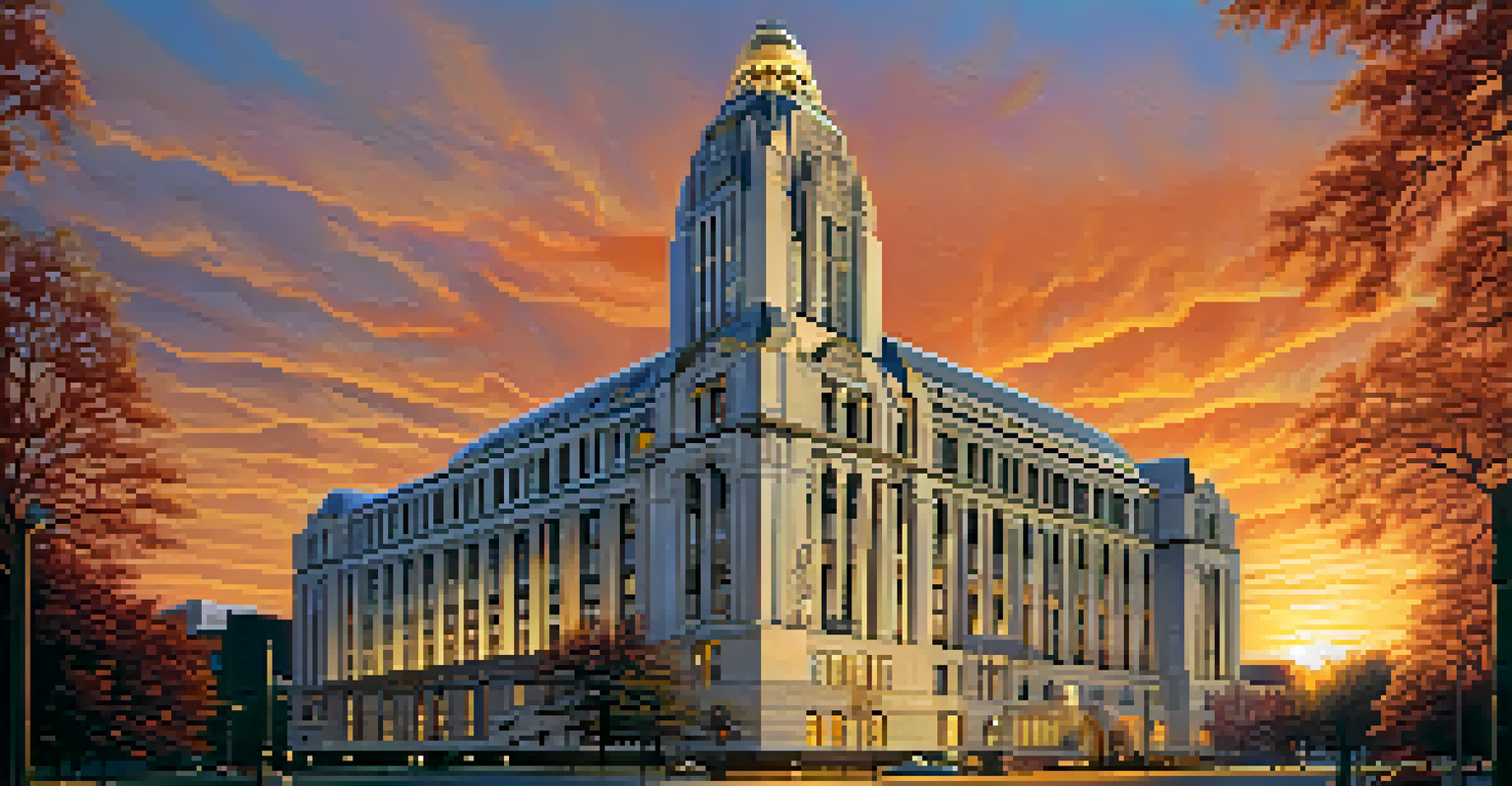 Buffalo City Hall captured during sunset, displaying its Art Deco architecture and intricate details.