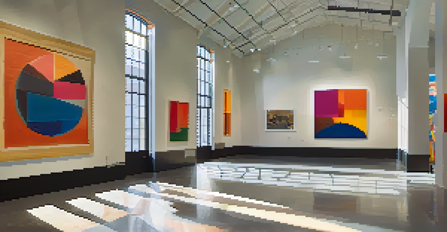 Inside the Burchfield Penney Art Center at Buffalo State College showcasing vibrant artworks and engaged students.
