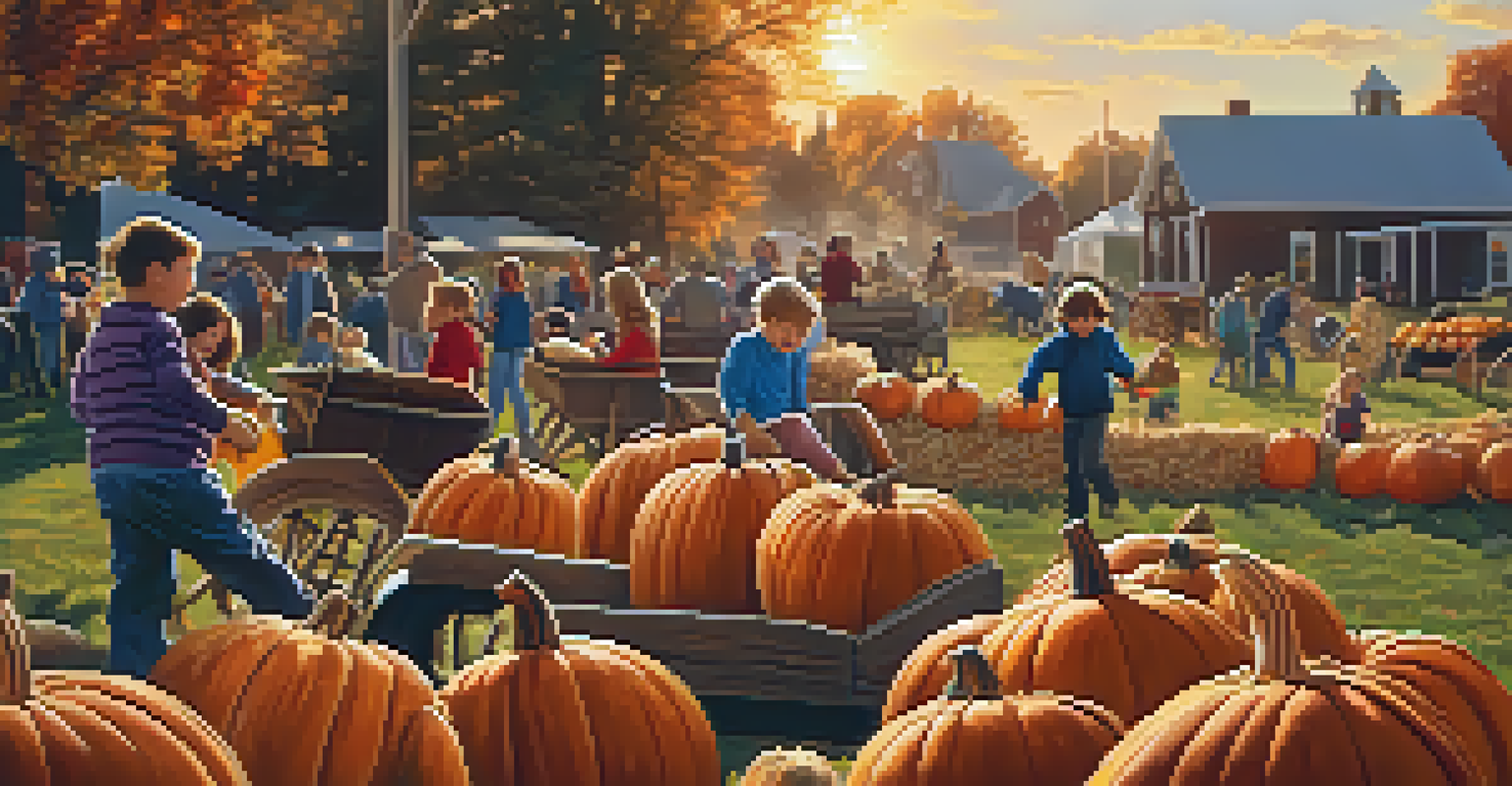 Children enjoying a hayride at Buffalo's fall harvest festival, surrounded by pumpkins and hay bales in a festive sunset atmosphere.