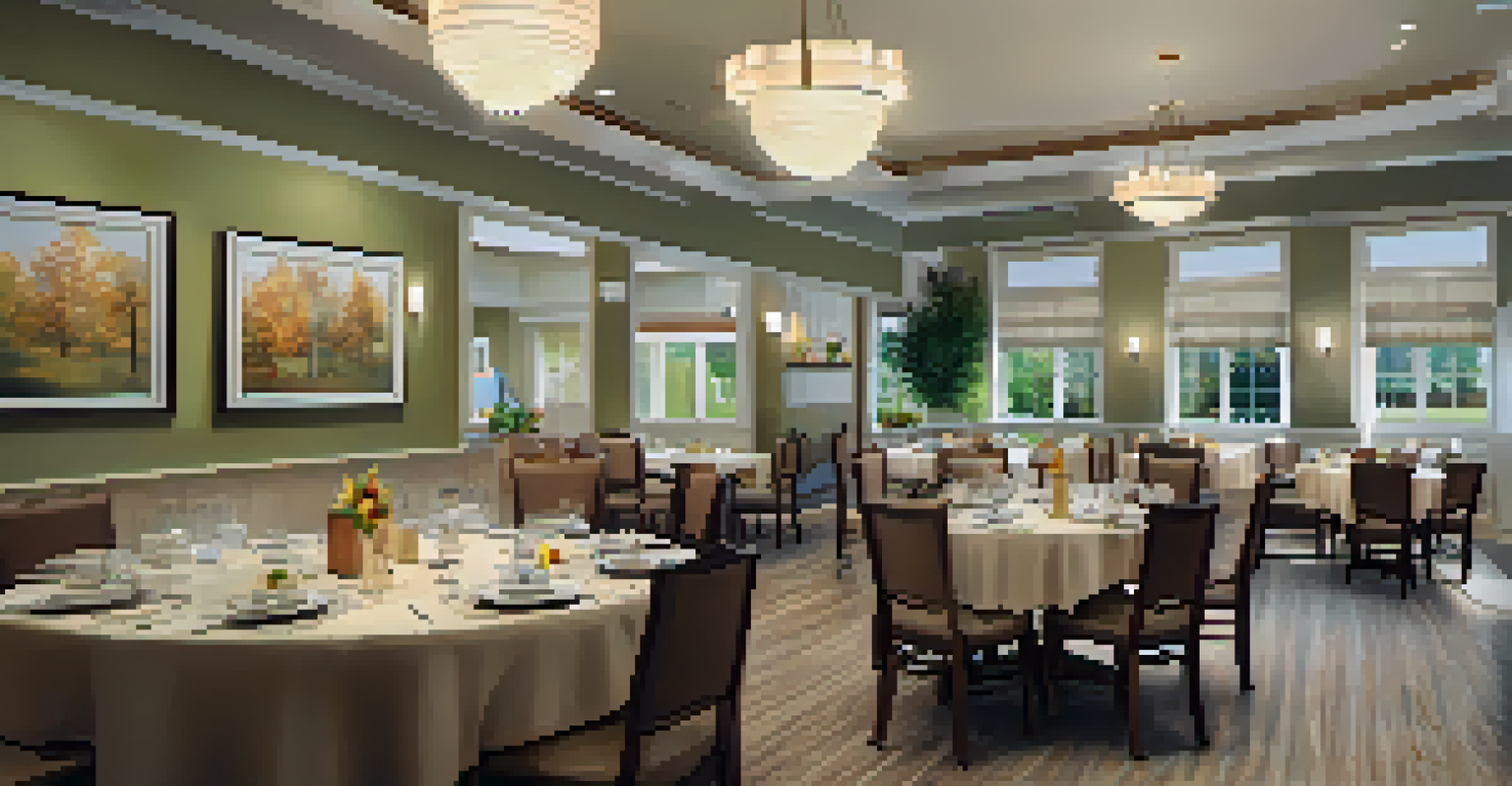 A dining area in an assisted living facility with residents enjoying a meal together at a long table, creating a warm atmosphere.