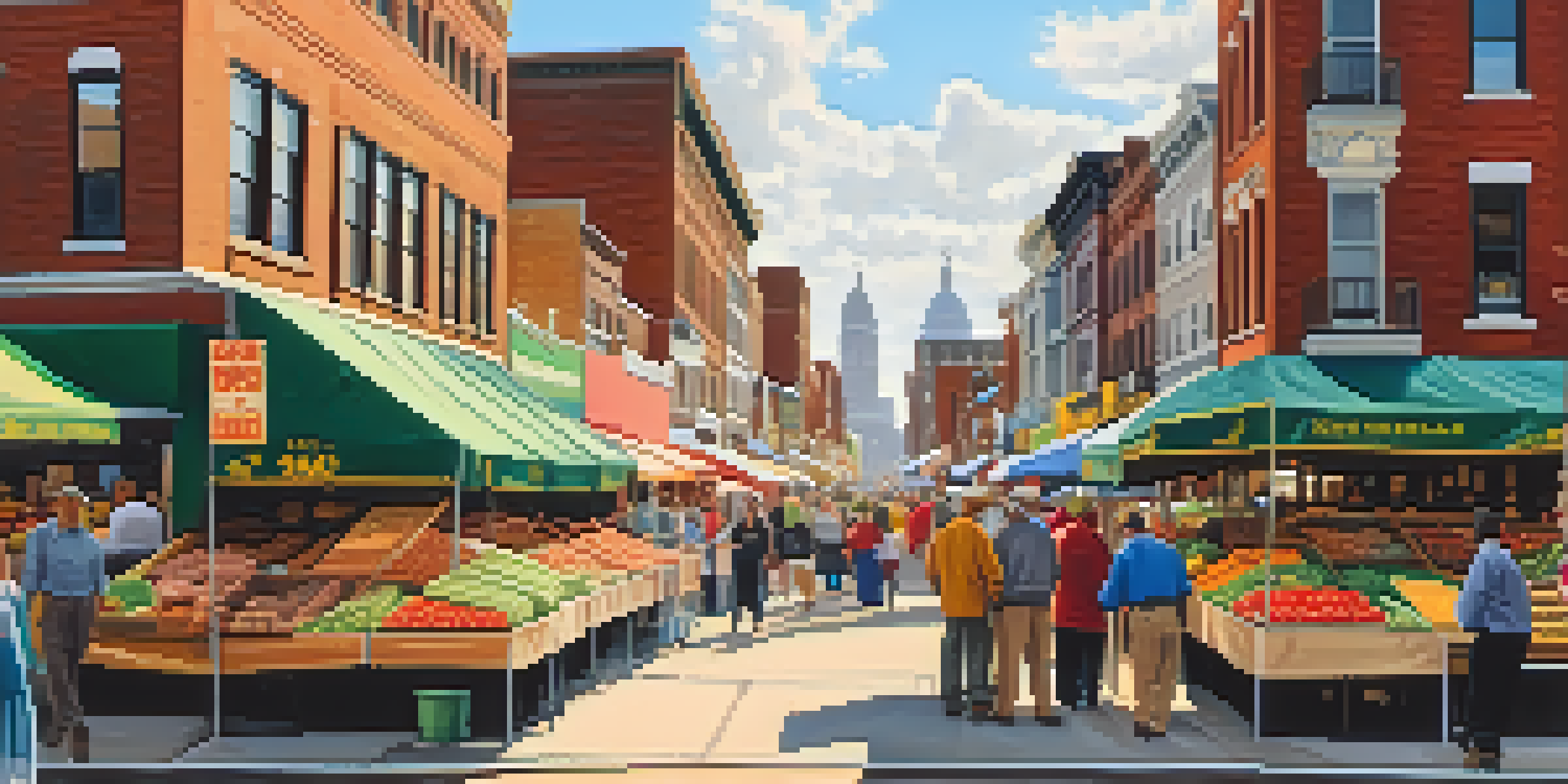 A lively market scene in Buffalo with diverse vendors and people interacting, historical buildings in the background under golden sunlight.