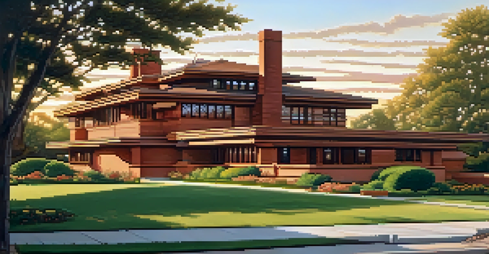 A photograph of the Darwin D. Martin House, showcasing its architectural beauty in warm sunset light.
