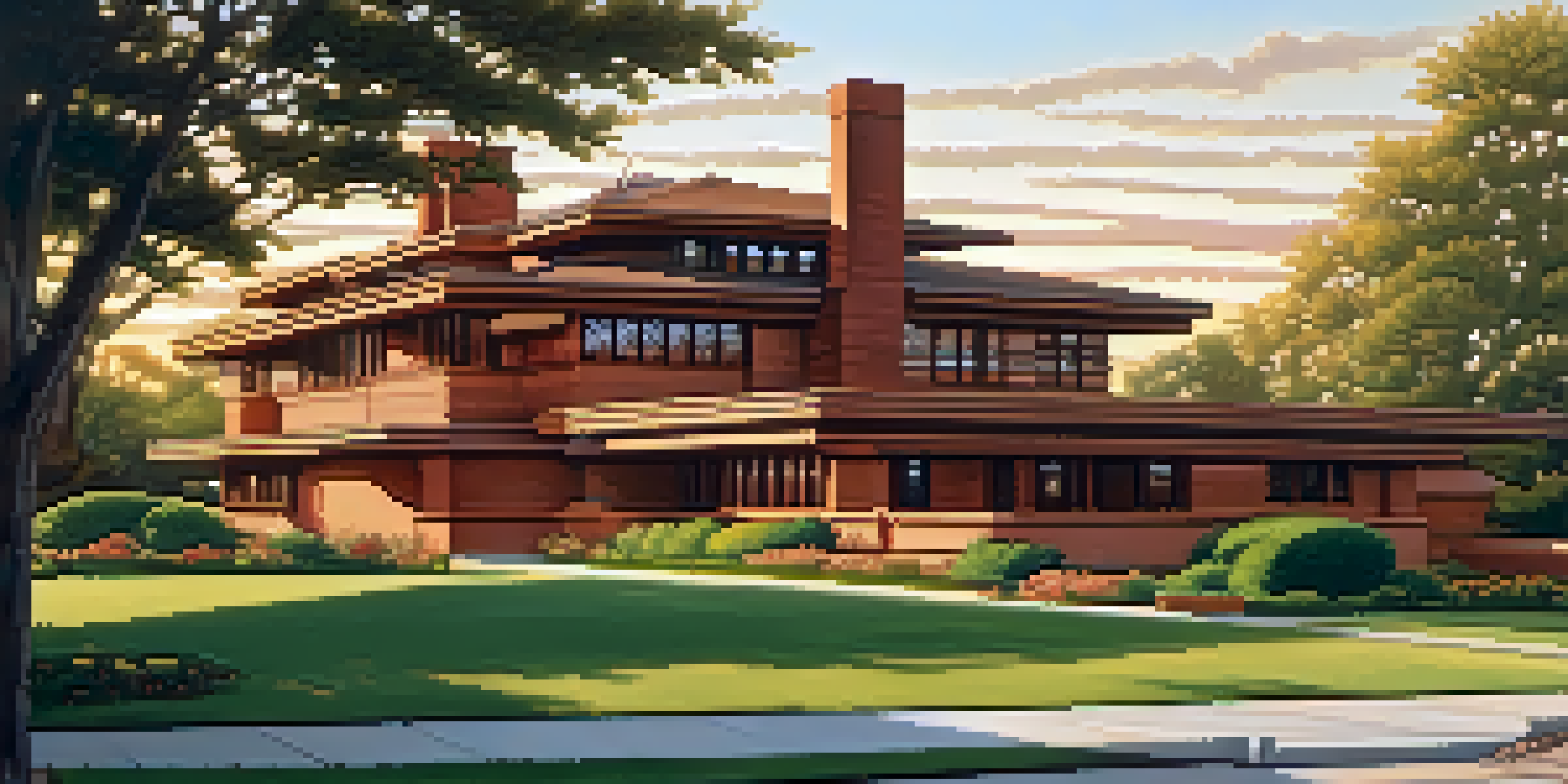 A photograph of the Darwin D. Martin House, showcasing its architectural beauty in warm sunset light.