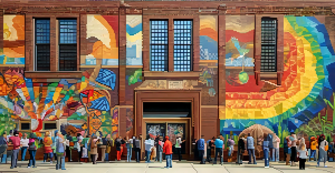 A colorful community mural on a brick building in Buffalo, showcasing diverse cultural patterns, with people celebrating in front of it.