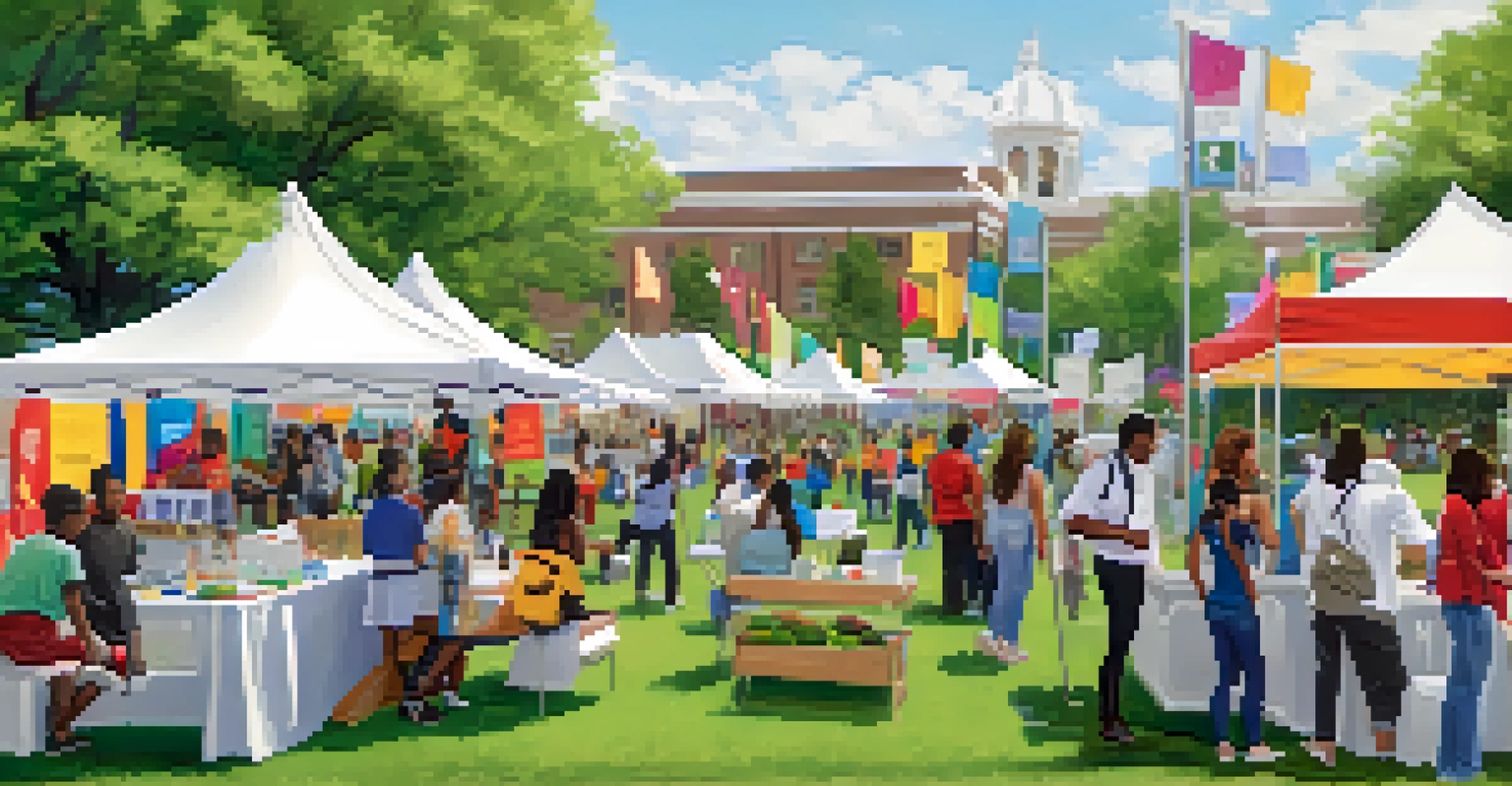 An outdoor health fair at a university with booths offering health screenings and wellness resources, featuring students and community members.