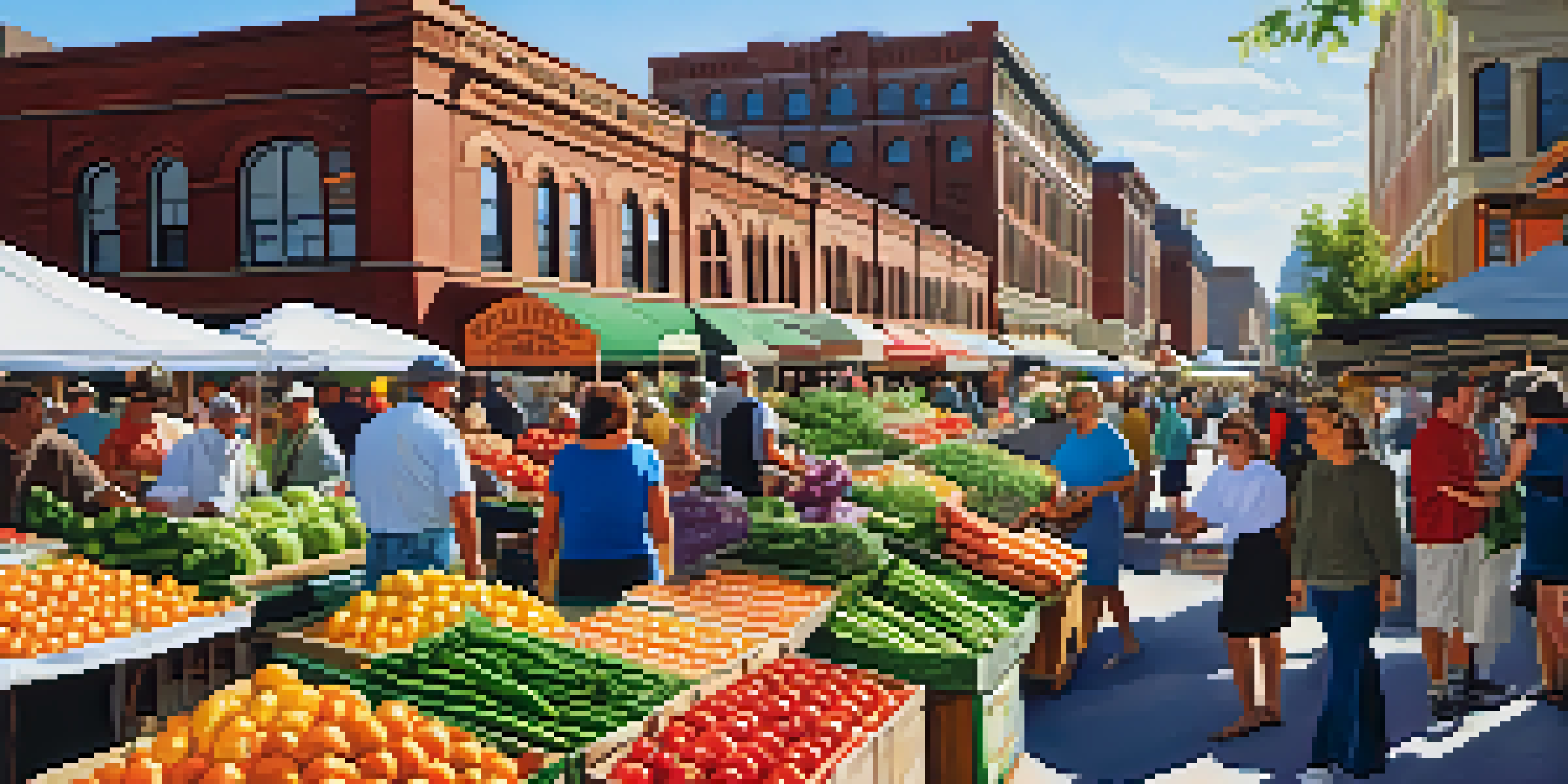 A lively farmer's market in Buffalo filled with colorful fruits and vegetables, various shoppers, and historical buildings in the background under warm sunlight.